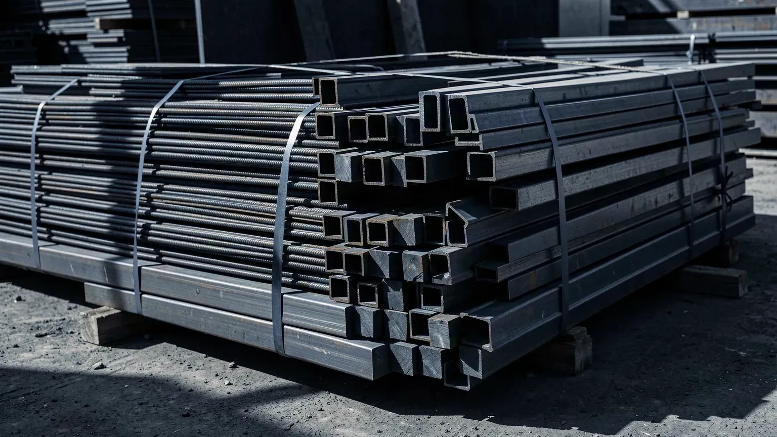 Banded structural steel sections stacked on a supply yard.